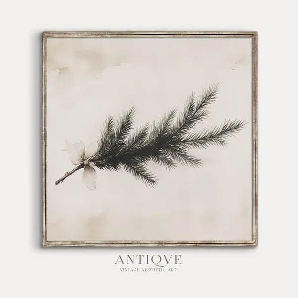 Square Minimal Evergreen Branch With Beige Ribbon, Art Print