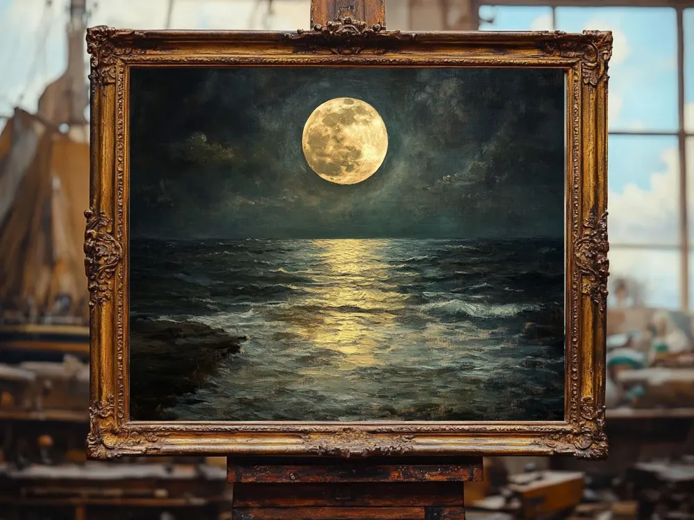 Full Moon Over Ocean, Vintage Cottage Core Art Print - Image 2