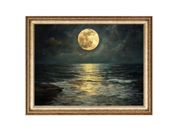 Full Moon Over Ocean, Vintage Cottage Core Art Print
