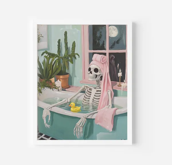 Skeleton in Bathtub, Moonlit Bathroom Wall Art Print