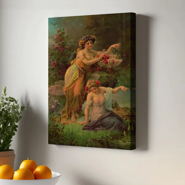 Women Playing With Flowers Art Print, Room Decor