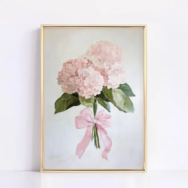Pink Hydrangeas With Bow, Floral Spring Art Print