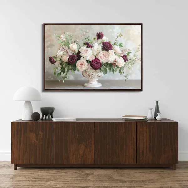 Elegant Vintage Floral Arrangement, Burgundy Roses Art Print