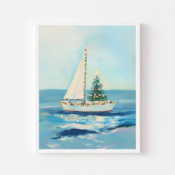 Christmas Tree on a Sailboat, Coastal Holiday Poster Print