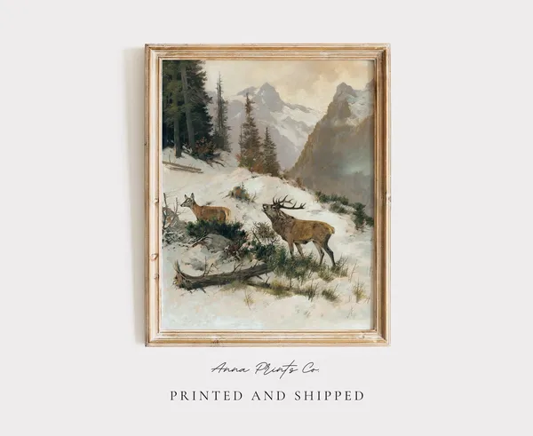 Roe Deer Winter Landscape, Vintage Christmas Art Print