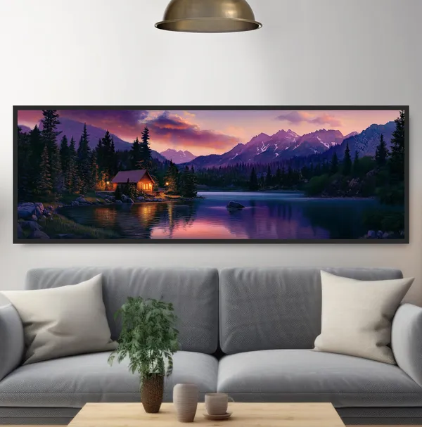 Lakeside Cabin Sunset, Mountain Lodge Wall Art Print