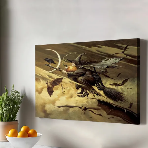 Witch Flying on a Broomstick with Her Cat, Art Print
