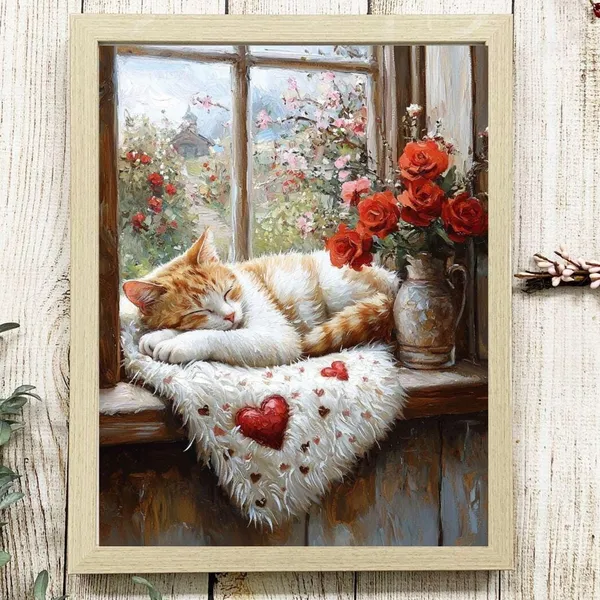 Tabby Cat Valentines Day Floral Wall Art Print