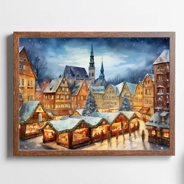 German Christmas Market Art Print, Medieval Village Scene
