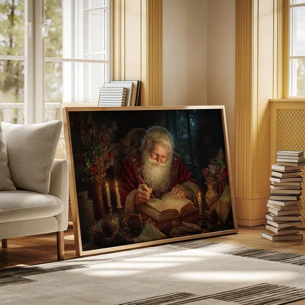 Santa Writing His List, Vintage Christmas Oil Painting