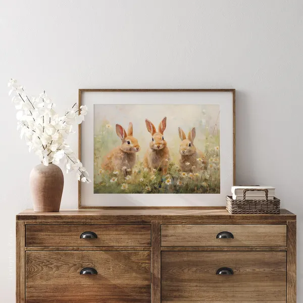 Spring Bunny Rabbits Vintage Farmhouse Art Print