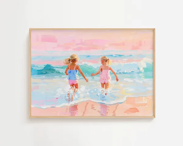 Girls Playing in Waves, Coastal Summer Art Print