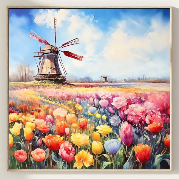 Windmill Tulip Field Netherlands Travel Poster