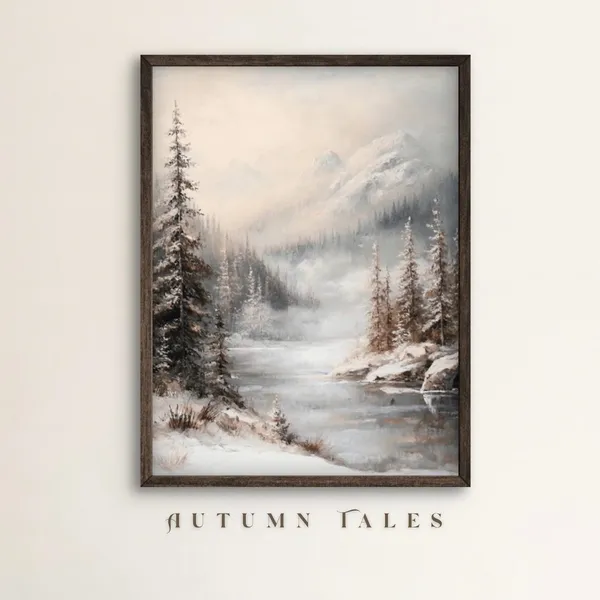 Moody Winter Forest Art Print, Foggy Mountain Scene