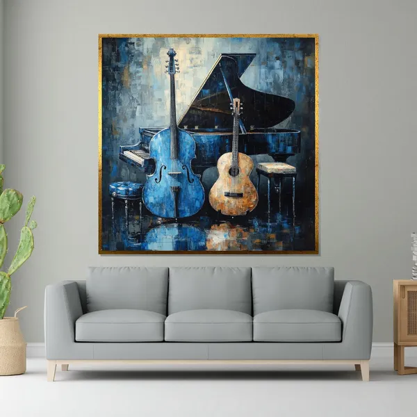 Musical Harmony Blue Cello, Acoustic Guitar, Piano Art Print