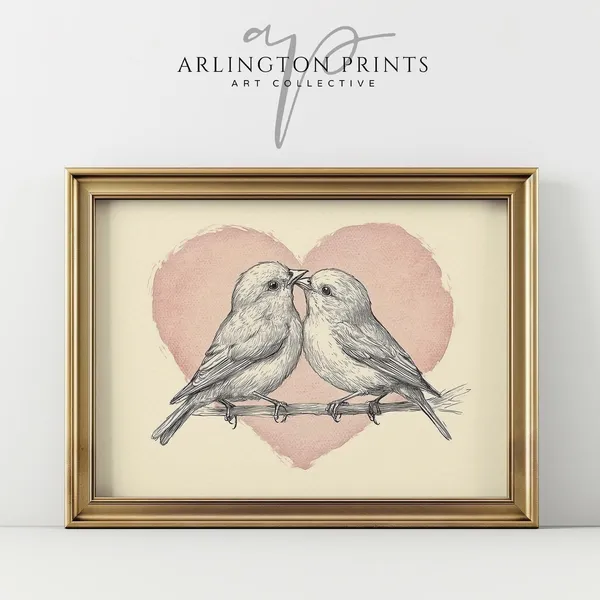 Cute Pink Heart Love Birds Vintage Bird Print