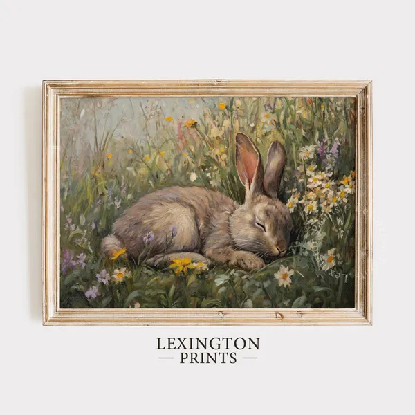 Sleeping Bunny Spring Wall Art, Wildflower Field Decor