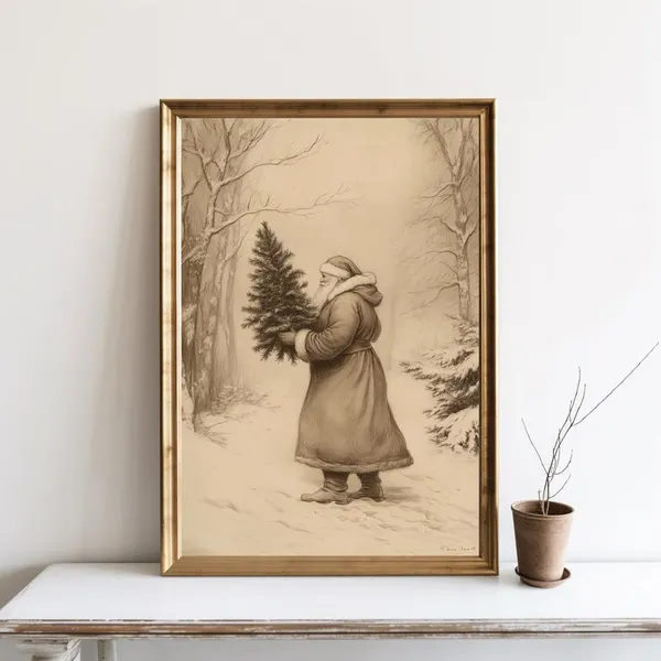 Vintage Christmas Santa Art Print, Neutral Winter Forest