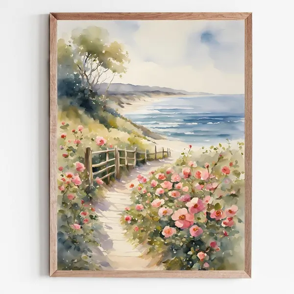 Cape Cod Wild Rose Watercolor Art Print, Coastal Cottage Decor