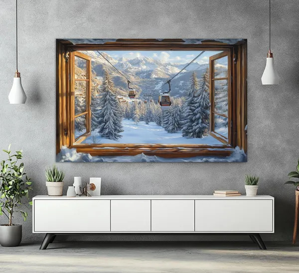 Window To Winter Landscape With Ski Lift, Art Print