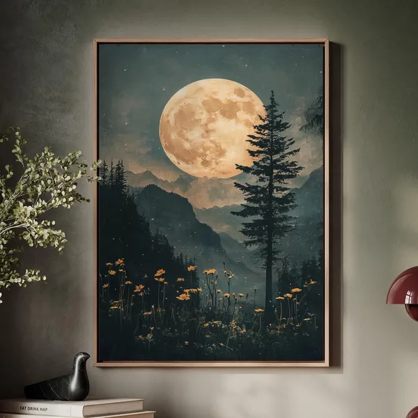 Moonlit Forest Art Print, Rustic Nature Scene