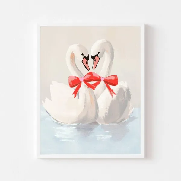 Swans In Love, Preppy Valentine Girls Room Art Print
