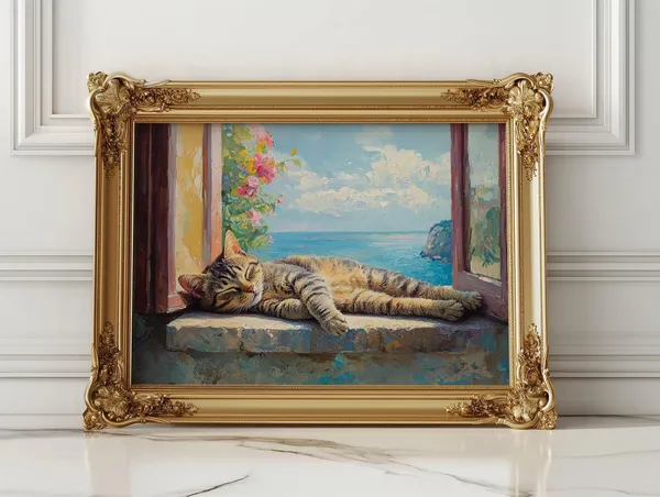 Tabby Cat on Villa Windowsill, Italian Art Print