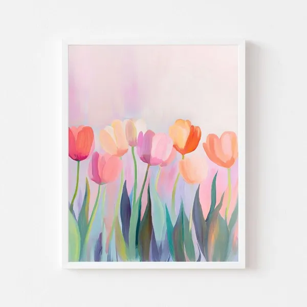 Colorful Pastel Tulip Field Painting, Spring Floral Art Print