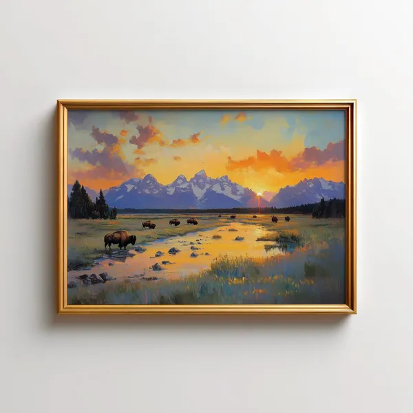 Bison Painting Sunset Grand Teton Landscape Print