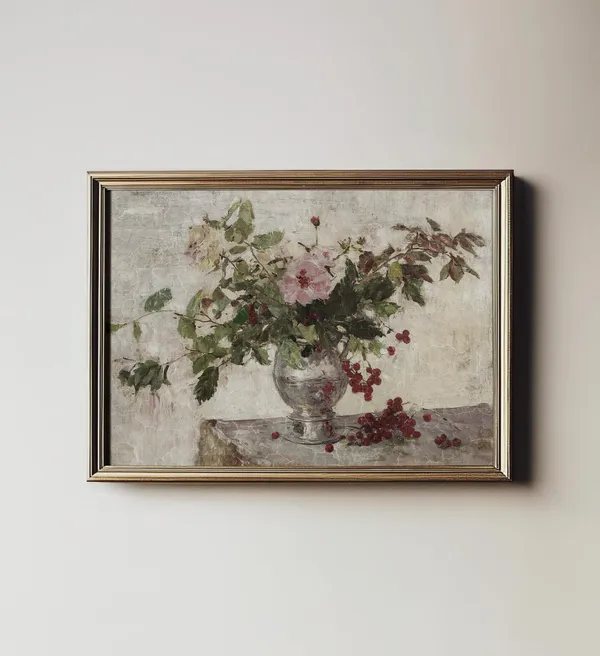 Antique Neutral Floral Bouquet, Vintage Botanical Art Print