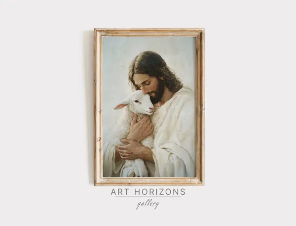 Christian Jesus Portrait Lamb Vintage Art Print