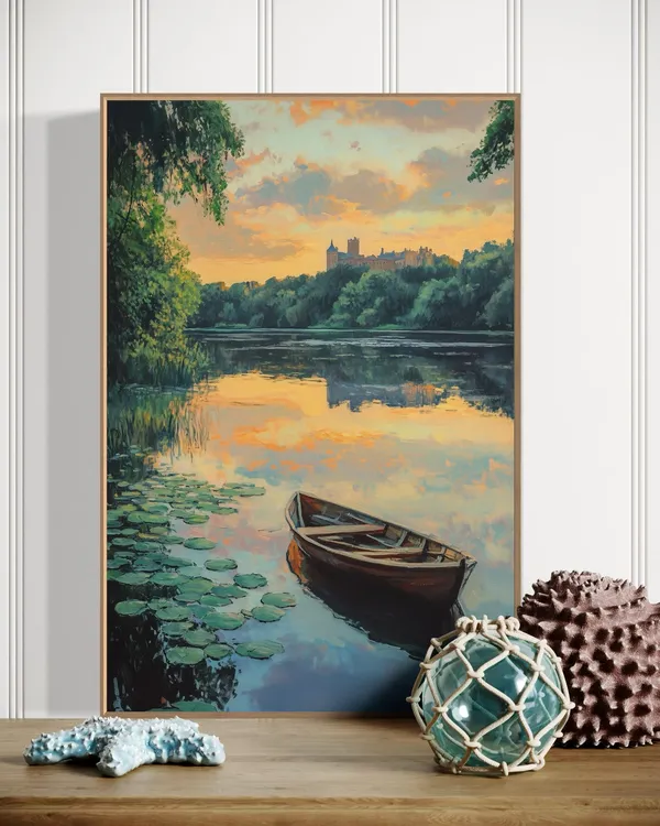 Sunset Boat Lakeside Art Print, Cottagecore Decor