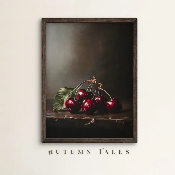 Moody Cherry Fruit Art Print, Rustic Farmhouse Kitchen