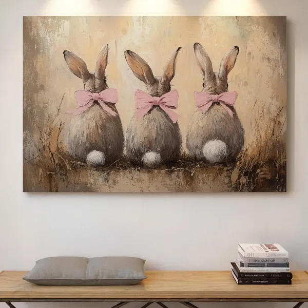 Three Bunnies With Pink Bows, Rustic Easter Art