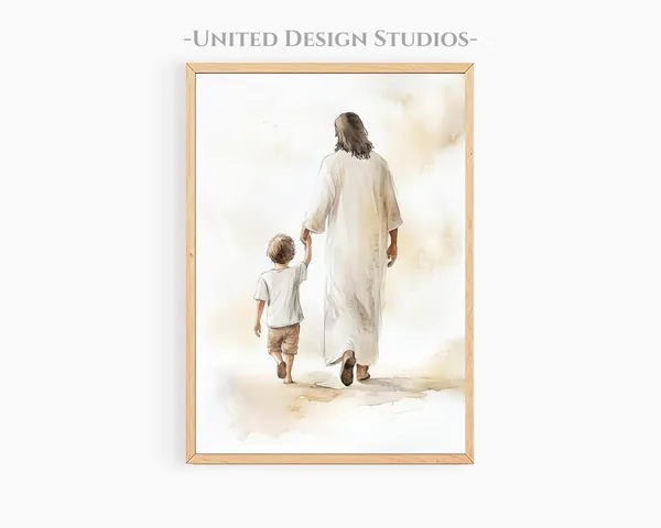 Jesus Walking With Young Boy Art Print, Christian