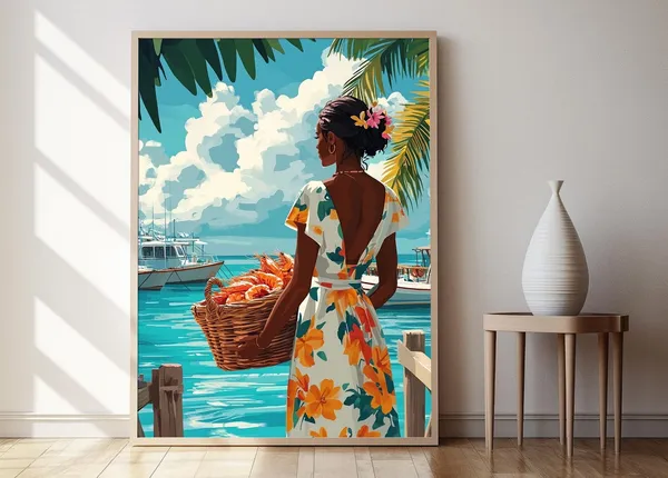 Bahamian Woman With Seafood, Coastal Dock Scene Art Print