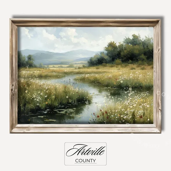 Spring Landscape Painting Vintage Wildflowers Art Print