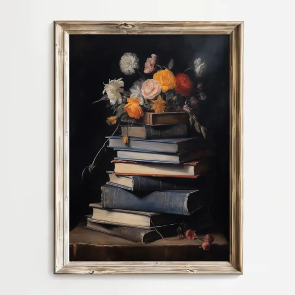 Moody Book Stack Art Print, Dark Academia Floral