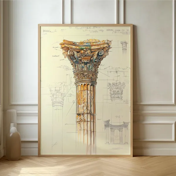 Architectural Column Blueprint Art Print, Study Decor