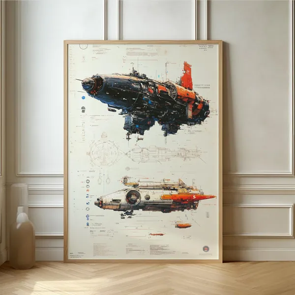 Futuristic Spacecraft Blueprint, Sci-Fi Art Print