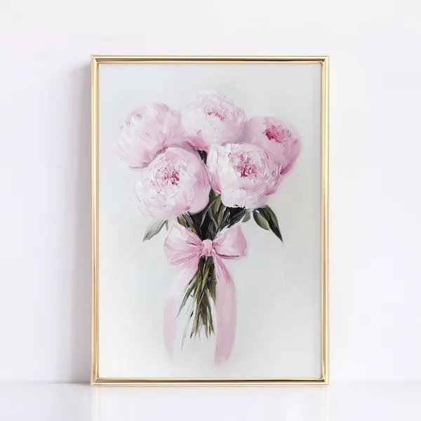 Pink Peonies With Bow, Neutral Floral Art Print