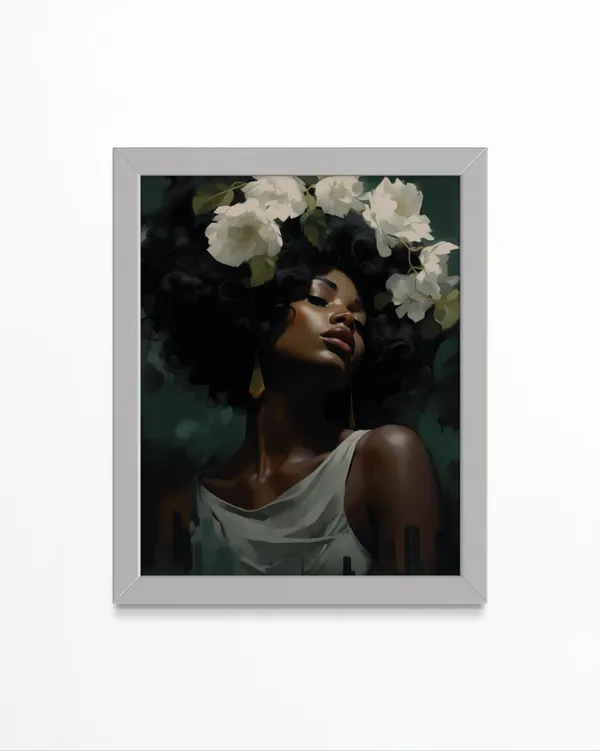 Black Woman Floral Art Print, Afrocentric Portrait
