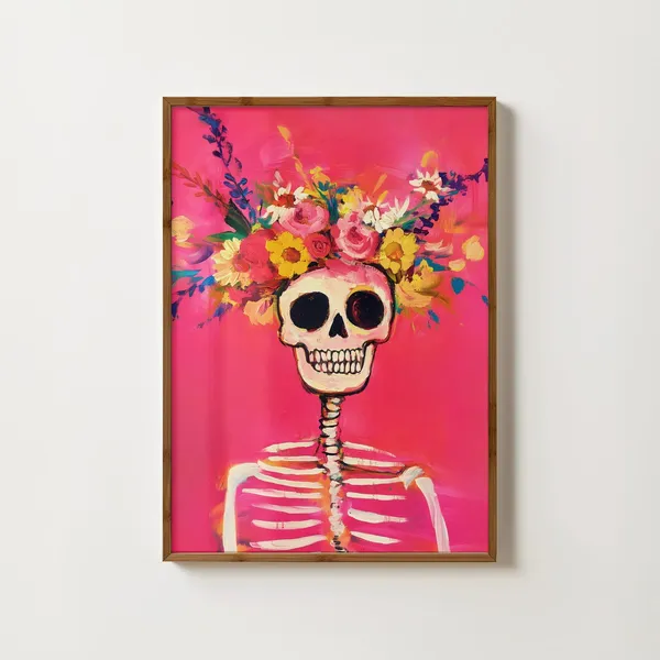 Pink Skeleton Floral Skull, Gothic Halloween Art Print
