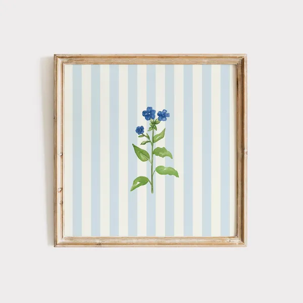 Blue Striped Minimal Floral Art Print, Cottage Nursery