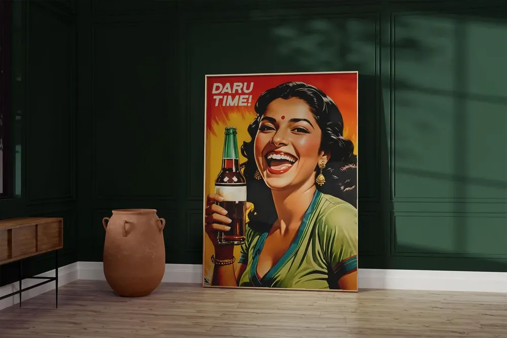 Pop Art Print, Modern Desi Woman Daru Time