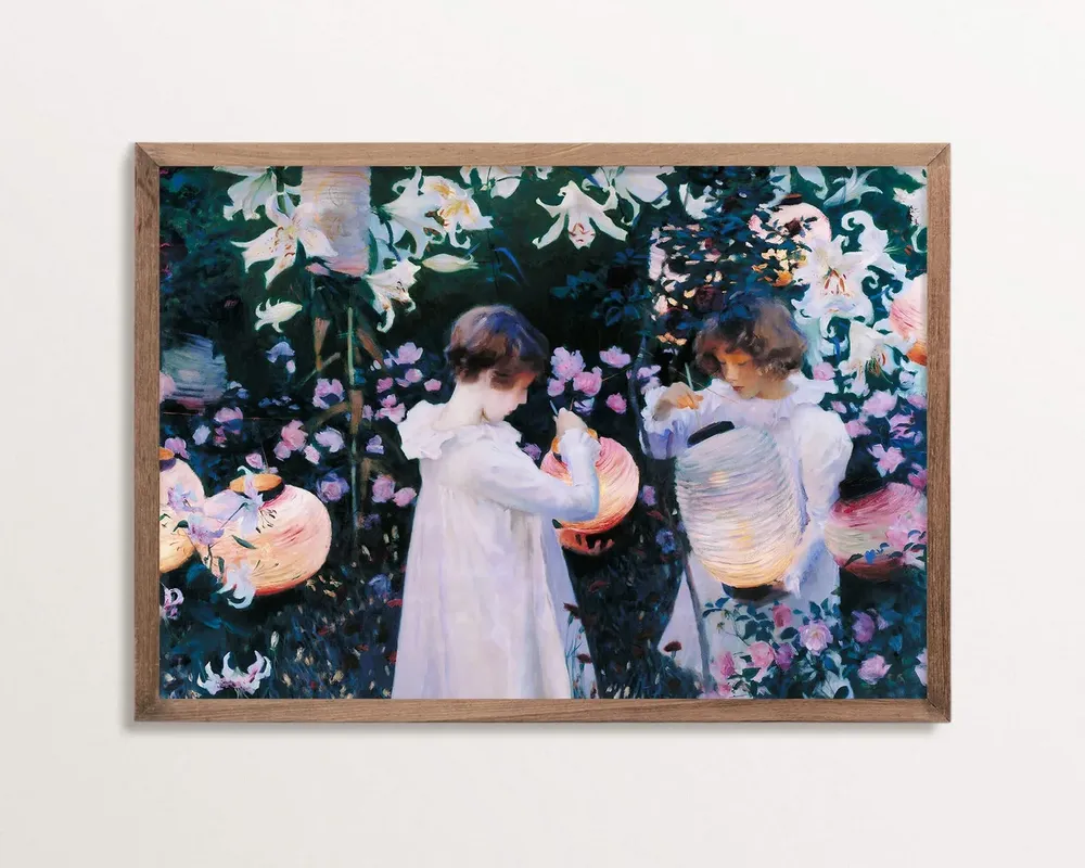 Two Girls Lighting Lanterns, Impressionist Poster Print