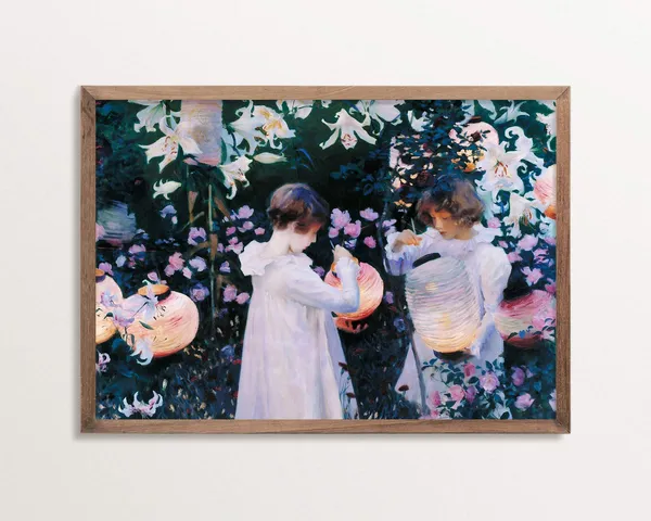 Two Girls Lighting Lanterns, Impressionist Poster Print