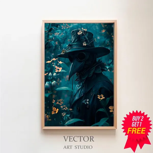 Plague Doctor Vintage Gothic Floral Art Print
