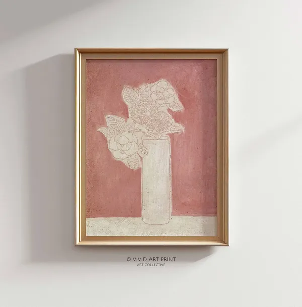 Vintage Floral Abstract Art Print, Muted Pink Botanical