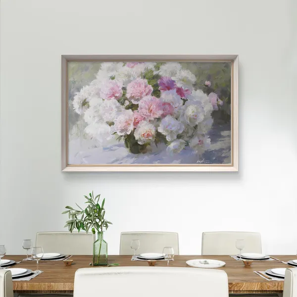 Peonies in Glass Vase, Oil-Painting-Style Art Print